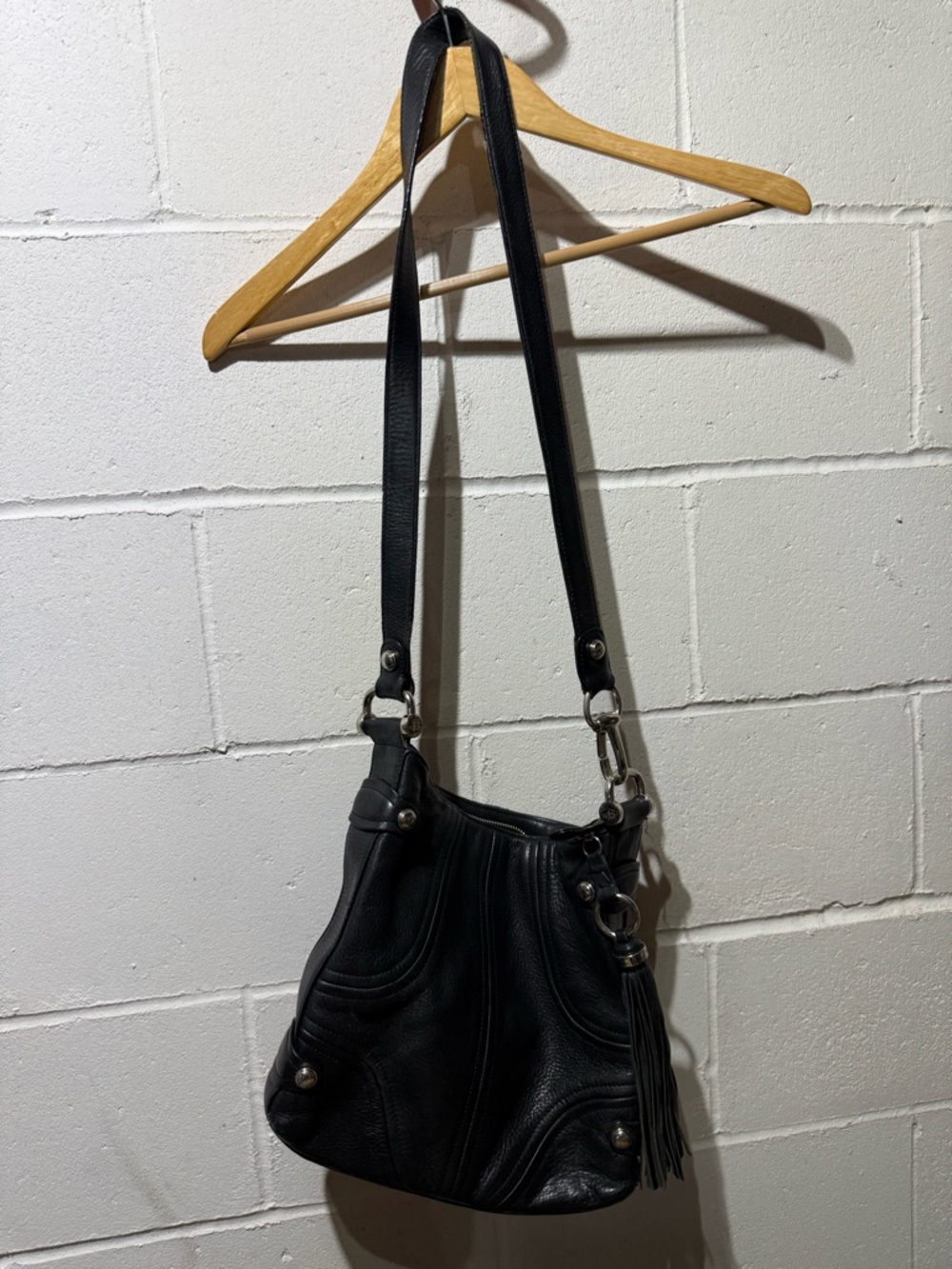 Black Leather Shoulder Bag with Tassel